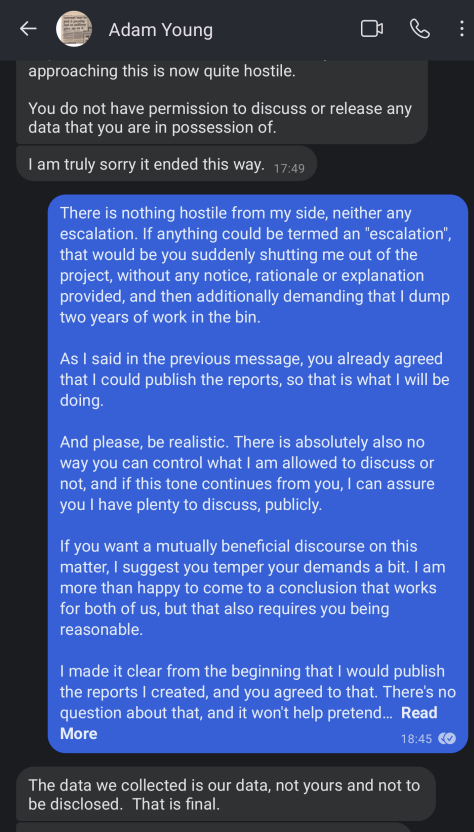 Adam demanding I never discuss or release any data